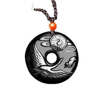 HJLJKG Natural Black Obsidian Beads Necklace Hand-Carved Crane Jade Pendant Fashion Charm Jewelry Longevity Amulet for Man Women Gifts