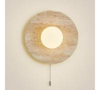 HJLJKG Round Yellow Travertine Lamp with Pull for Bedside, Nordic Vintage Lighting Fixture, White Globe Shade Natural Stone Wall Light