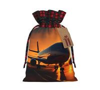 HJLUUFT Airplane at Sunset Print Christmas Color Block Burlap Gift Bags with Drawstring Christmas Bags for Gifts Coworkers