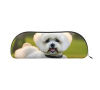 HJLUUFT Bichon Frise Dog on the grass - Estuche semicircular de cuero para lápices y bolsa de maquillaje, solución de almacenamiento conveniente para tus artículos esenciales