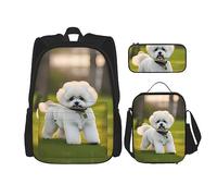 HJLUUFT Bichon Frise Dog on the grass Práctico juego de mochila de 3 piezas, mochila escolar grande con lonchera y estuche para estudiantes, mochila y lonchera