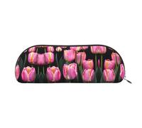 HJLUUFT Bolsa de almacenamiento semicircular con estampado rosa y tulipanes, elegante estuche para lápices y bolsa de maquillaje ligera adecuada para la oficina, la vida y los viajes