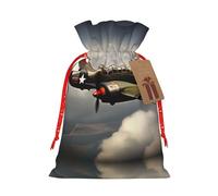 HJLUUFT Bolsa de arpillera con estampado de avión de la Segunda Guerra Mundial, bolsa de regalo de Navidad con cordones y etiqueta de regalo, regalos de boda y fiesta de Navidad