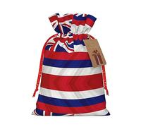 HJLUUFT Bolsa de arpillera con estampado de bandera de Hawái, bolsa de regalo de Navidad con cordones y etiqueta de regalo, regalos de boda y fiesta de Navidad