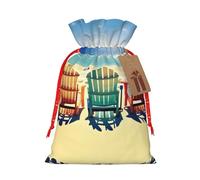 HJLUUFT Bolsa de arpillera con estampado de escena de playa con sillas, bolsa de regalo de Navidad con cordones y etiqueta de regalo, recuerdos de boda y fiesta de Navidad