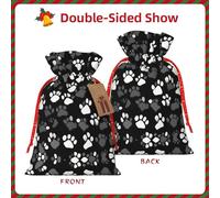 HJLUUFT Bolsa de arpillera con estampado de huellas en blanco y negro, bolsa de regalo de Navidad con cordones y etiqueta de regalo, recuerdos de boda y fiesta de Navidad
