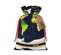 HJLUUFT Bolsa de arpillera con estampado de mapa del mundo, bolsa de regalo de Navidad con cordones y etiqueta de regalo, regalos de boda y fiesta de Navidad