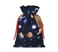 HJLUUFT Bolsa de arpillera con estampado de planetas y estrellas y sistema galáctico, bolsa de regalo de Navidad con cordones y etiqueta de regalo, regalos de boda y fiesta de Navidad