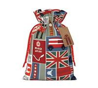 HJLUUFT Bolsa de arpillera con estampado de símbolos de Inglaterra, bolsa de regalo de Navidad con cordones y etiqueta de regalo, regalos de boda y fiesta de Navidad