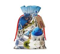 HJLUUFT Bolsa de arpillera con estampado de vista al mar de la isla griega, bolsa de regalo de Navidad con cordones y etiqueta de regalo, regalos de boda y fiesta de Navidad