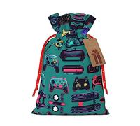 HJLUUFT Bolsa de arpillera con patrones de control de juegos, bolsa de regalo de Navidad con cordones y etiqueta de regalo, regalos de boda y fiesta de Navidad