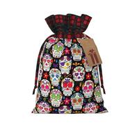 HJLUUFT Bolsas de Navidad con estampado de calaveras de flores coloridas para regalos de compañeros de trabajo, bolsas de regalo de arpillera con cordón