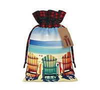 HJLUUFT Bolsas de Navidad con estampado de escena de playa con sillas para regalos de compañeros de trabajo, bolsas de regalo de arpillera con cordón