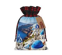 HJLUUFT Bolsas de Navidad con estampado de vista al mar de la isla griega para regalos, compañeros de trabajo, Navidad, bolsas de regalo de arpillera con cordón