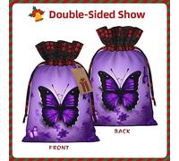HJLUUFT Bonitas bolsas de Navidad con estampado de mariposas moradas para regalos, compañeros de trabajo, Navidad, bolsas de regalo de arpillera con cordón