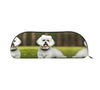 HJLUUFT Bonito estuche de piel de perro Bichon Frise medio redondo portátil y bolsa de maquillaje, elegante estuche para lápices para oficina, viajes y almacenamiento diario