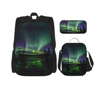 HJLUUFT Dark Northern Lights - Práctico juego de mochila de 3 piezas, mochila escolar grande con lonchera y estuche para estudiantes, mochila y lonchera