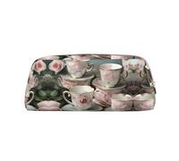 HJLUUFT Estuche portátil de piel para tazas de té con rosas, romántico, elegante, almacenamiento de maquillaje, bolsa de maquillaje, ideal para lápices, bolsa de maquillaje y objetos pequeños, Silver,