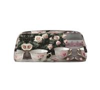 HJLUUFT Estuche portátil de piel para tazas de té con rosas, romántico, elegante, para guardar maquillaje, bolsa de maquillaje, ideal para lápices, bolsa de maquillaje y objetos pequeños
