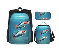 HJLUUFT Flying Fish in the Ocean - Juego de mochila de 3 piezas, mochila escolar grande con lonchera y estuche para lápices, juego de mochila, elegante y práctico