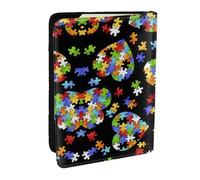 HJLUUFT Funda de cuero para pasaporte con diseño de corazón para concienciación sobre el autismo, funda para pasaporte con tarjetero para mujeres y hombres, identificación familiar, viajes, Black,
