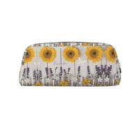 HJLUUFT Girasoles en cuero de madera, medio redondo, portátil, estuche de viaje, maquillaje, ideal para lápices, bolsa de maquillaje y almacenamiento diario. Elegante