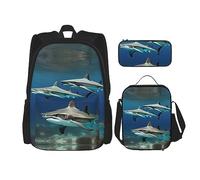 HJLUUFT Hammerhead Sharks Print - Juego de mochila de 3 piezas, espaciosa mochila escolar con bolsa de almuerzo y estuche para lápices, elegante y práctico