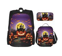 HJLUUFT Happy-Halloween-Day-Trick-or-Treat Práctico juego de 3 piezas - Mochila escolar grande con lonchera y estuche para estudiantes, mochila y lonchera