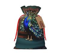 HJLUUFT Hermosa bolsa de arpillera con impresión de pavo real, bolsa de regalo de Navidad con cordones y etiqueta de regalo, regalos de boda y fiesta de Navidad
