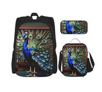 HJLUUFT Hermoso juego de mochila de 3 piezas con estampado de pavo real, espaciosa mochila escolar con bolsa de almuerzo y estuche para lápices, elegante y práctico