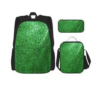 HJLUUFT Juego de 3 mochilas con estampado brillante de lentejuelas verdes, espaciosa mochila escolar con bolsa de almuerzo y estuche para lápices, elegante y práctico
