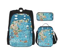HJLUUFT Juego de 3 mochilas con estampado de mapa de Grecia, espaciosa mochila escolar con bolsa de almuerzo y estuche para lápices, elegante y práctico