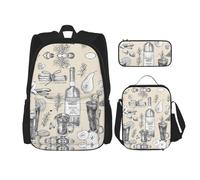 HJLUUFT Juego de 3 mochilas prácticas para vinos y bodegas, campos de uvas, mochila escolar grande con lonchera y estuche para estudiantes, mochila y lonchera