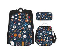 HJLUUFT Juego de mochila práctica de béisbol deportivo de 3 piezas, mochila escolar grande con lonchera y estuche para estudiantes, mochila y lonchera