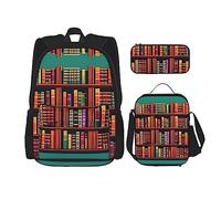 HJLUUFT Library Bookshelf - Juego de mochila de 3 piezas, mochila escolar grande con lonchera y estuche para lápices, juego de mochila, elegante y práctico