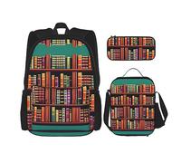 HJLUUFT Library Bookshelf Print - Juego de mochila de 3 piezas, espaciosa mochila escolar con bolsa de almuerzo y estuche para lápices, elegante y práctico