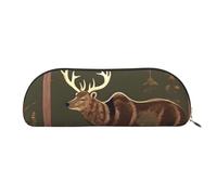 HJLUUFT Lodge Bear - Estuche de piel de ciervo semicircular portátil y bolsa de maquillaje, elegante estuche para lápices para oficina, viajes y almacenamiento diario