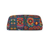 HJLUUFT Mexican Folk Art Boho - Caja de lápices de cuero de grano cruzado y bolsa de maquillaje, almacenamiento versátil para bolígrafos, cosméticos y más