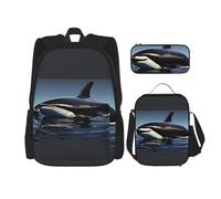 HJLUUFT Orca Killer Whale Print Práctico juego de mochila de 3 piezas - Mochila escolar grande con lonchera y estuche para estudiantes, mochila y lonchera