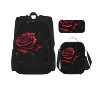 HJLUUFT Red and Roses Práctico juego de mochila de 3 piezas, mochila escolar grande con lonchera y estuche para estudiantes, mochila y lonchera