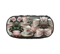 HJLUUFT Tazas de té con rosas, bolsa de maquillaje con estampado romántico, bolsa de cosméticos de papelería Kawaii, bolsa organizadora con cremallera, Negro -, Talla única, Lindo