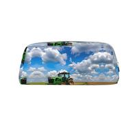 HJLUUFT Tractor under blue sky and white clouds - Caja de lápices de cuero de grano cruzado y bolsa de maquillaje, almacenamiento versátil para bolígrafos, cosméticos y más, Silver, Talla única, Arte