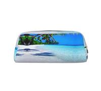 HJLUUFT Tropical White Sand Beach and Ocean - Caja de lápices de cuero de grano cruzado y bolsa de maquillaje, almacenamiento versátil para bolígrafos, cosméticos y más