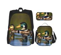 HJLUUFT Two mallard ducks - Juego de mochila de 3 piezas, mochila escolar grande con lonchera y estuche, juego de mochila, elegante y práctico