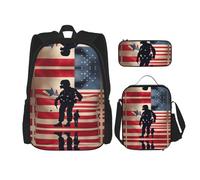 HJLUUFT US Military Soldiers Patriotic Memorial Day Print - Juego de 3 mochilas espaciosas con bolsa de almuerzo y estuche para lápices, elegante y práctico