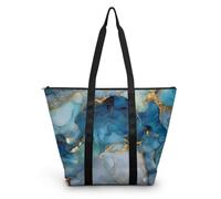 HJOSWVNS Tote Bag Azul De Mármol Dorado Bolsa Playa Poliéster Bolsas de Tela Reutilizable Bolsas de Viaje Plegable Bolso Playa Cremallera Bolsos de Mano Mujer Bolso Viaje 38x56cm/1 Pcs