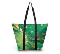 HJOSWVNS Tote Bag Estrellas De Mármol Verde Bolsa Playa Poliéster Bolsas de Tela Reutilizable Bolsas de Viaje Plegable Bolso Playa Cremallera Bolsos de Mano Mujer Bolso Viaje 38x56cm/2 Pcs