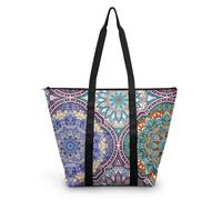 HJOSWVNS Tote Bag Mandala Azul Púrpura Bolsa Playa Poliéster Bolsas de Tela Reutilizable Bolsas de Viaje Plegable Bolso Playa Cremallera Bolsos de Mano Mujer Bolso Viaje 38x56cm/1 Pcs