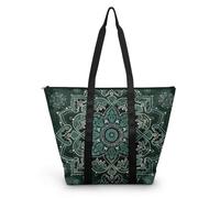 HJOSWVNS Tote Bag Mandala Verde Oscuro Bolsa Playa Poliéster Bolsas de Tela Reutilizable Bolsas de Viaje Plegable Bolso Playa Cremallera Bolsos de Mano Mujer Bolso Viaje 38x56cm/1 Pcs