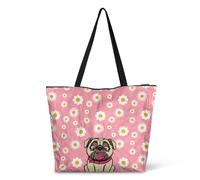HJOSWVNS Tote Bag Perro De Flores Lindo Bolsa Playa Poliéster Bolsas de Tela Reutilizable Bolsas de Viaje Plegable Bolso Playa Cremallera Bolsos de Mano Mujer Bolso Viaje 36x37cm/2